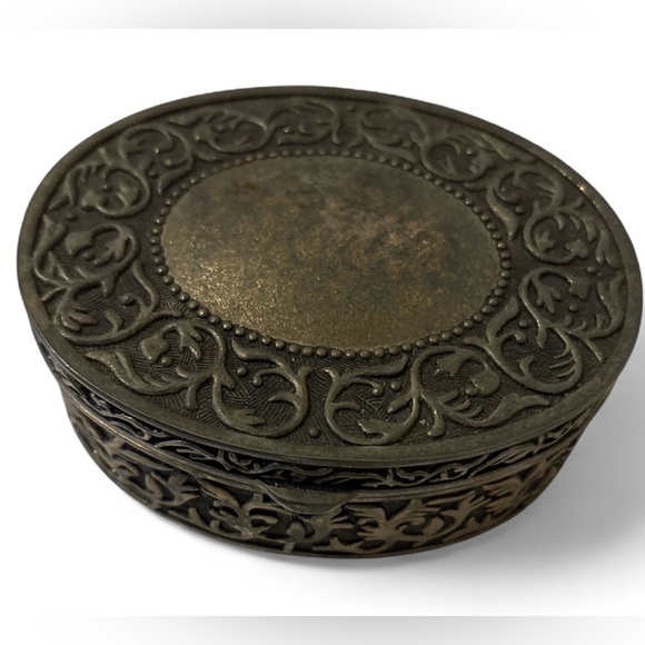 Vintage Other - Vintage Oval Metal Trinket Jewelry Box Embossed Scrollwork Velvet Lined